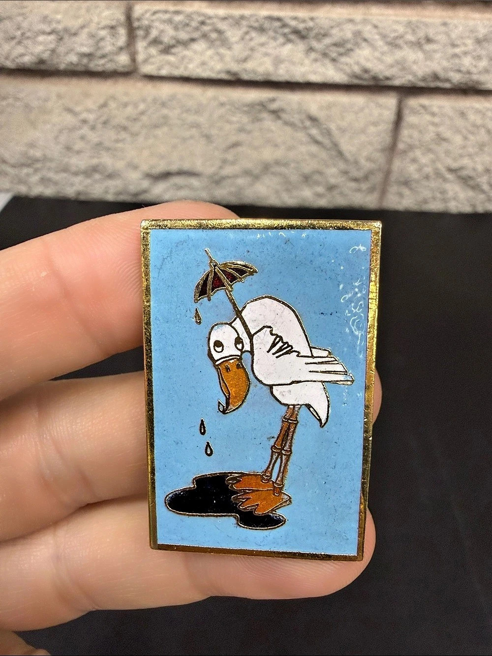 Vintage Enamel Cartoon Flamingo Bird Umbrella Brooch Pin Gold Tone Blue